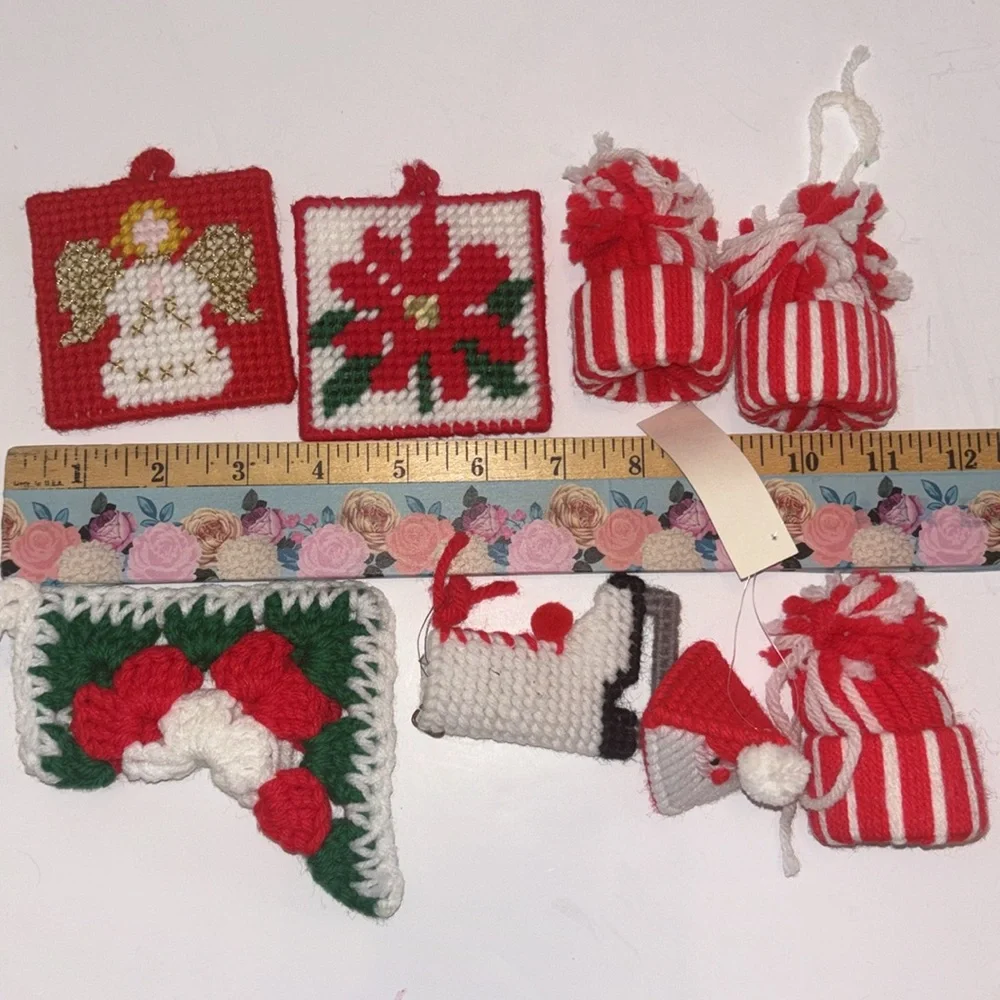 Handmade Yarn ornaments Vintage 80s Red and White Christmas Ornaments Craft Fair
